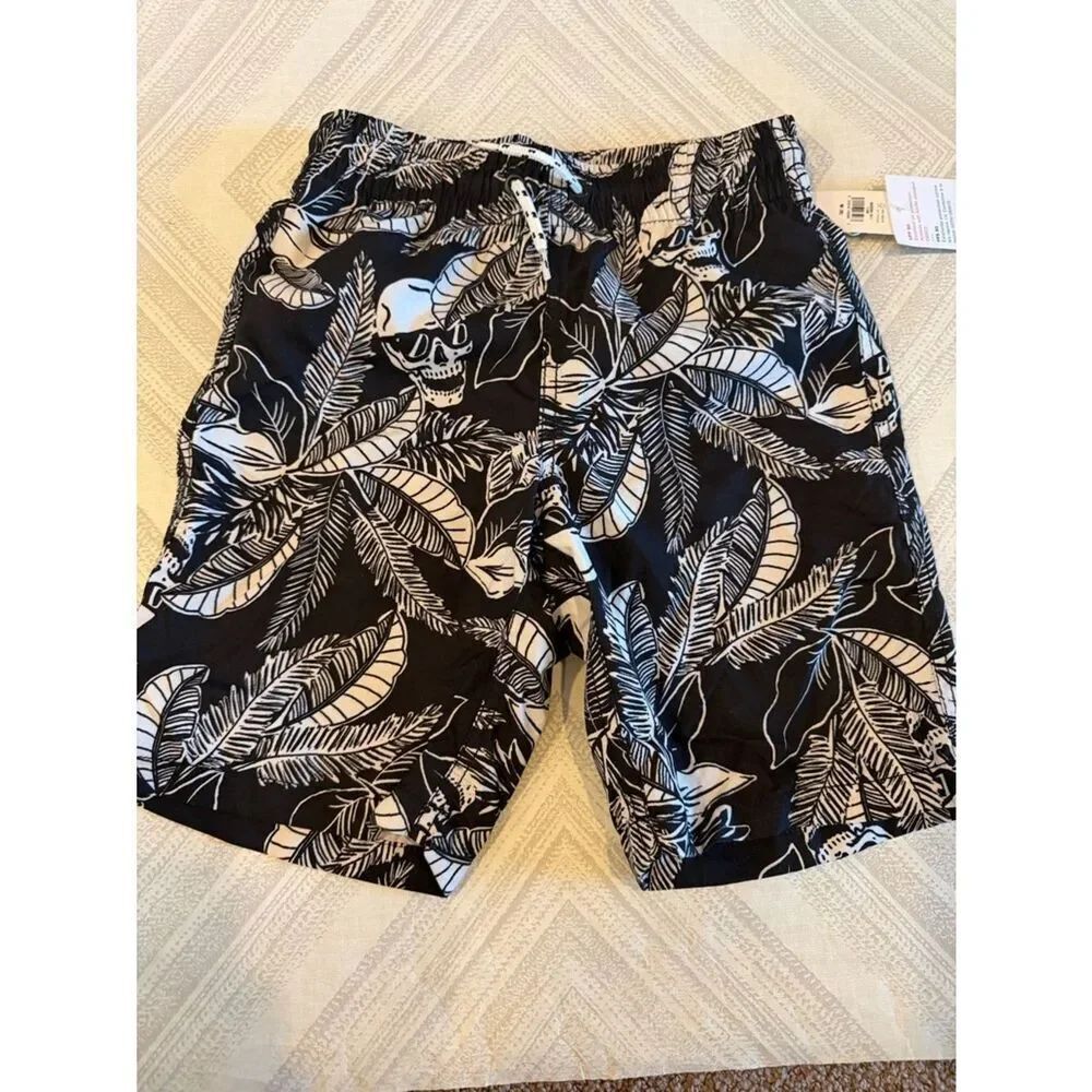 Old Navy Boys Black White Skull Palm Swim Trunks Size M (8) NWT Lined Drawstring